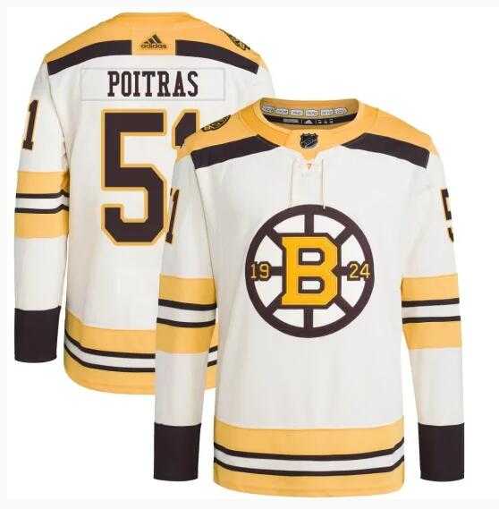 Mens Boston Bruins #51 Matthew Poitras Cream 100th Anniversary Stitched Jersey Dzhi->boston bruins->NHL Jersey